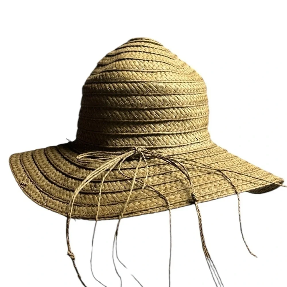 Brown Straw Wide Brim Floppy Hat Boho Beach Sun Hat OS